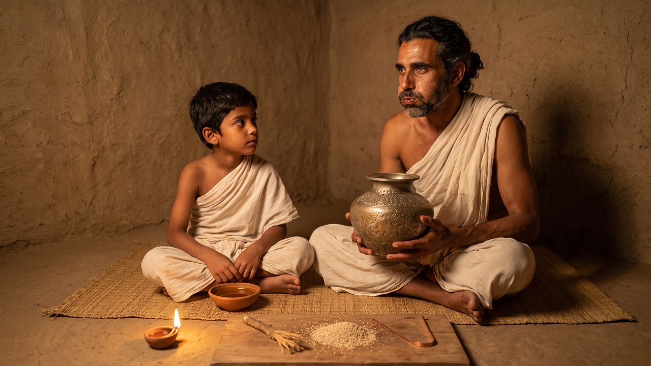 Oil pulling for teeth: before dawn in ancient India a father sits holding a mouthful of sesame oil in silence, his metal vessel in his hands, while his young son waits his turn beside him with his own clay bowl of the oil, a single lamp lighting the sesame seeds, chewing twig and copper tongue scraper on the board between them