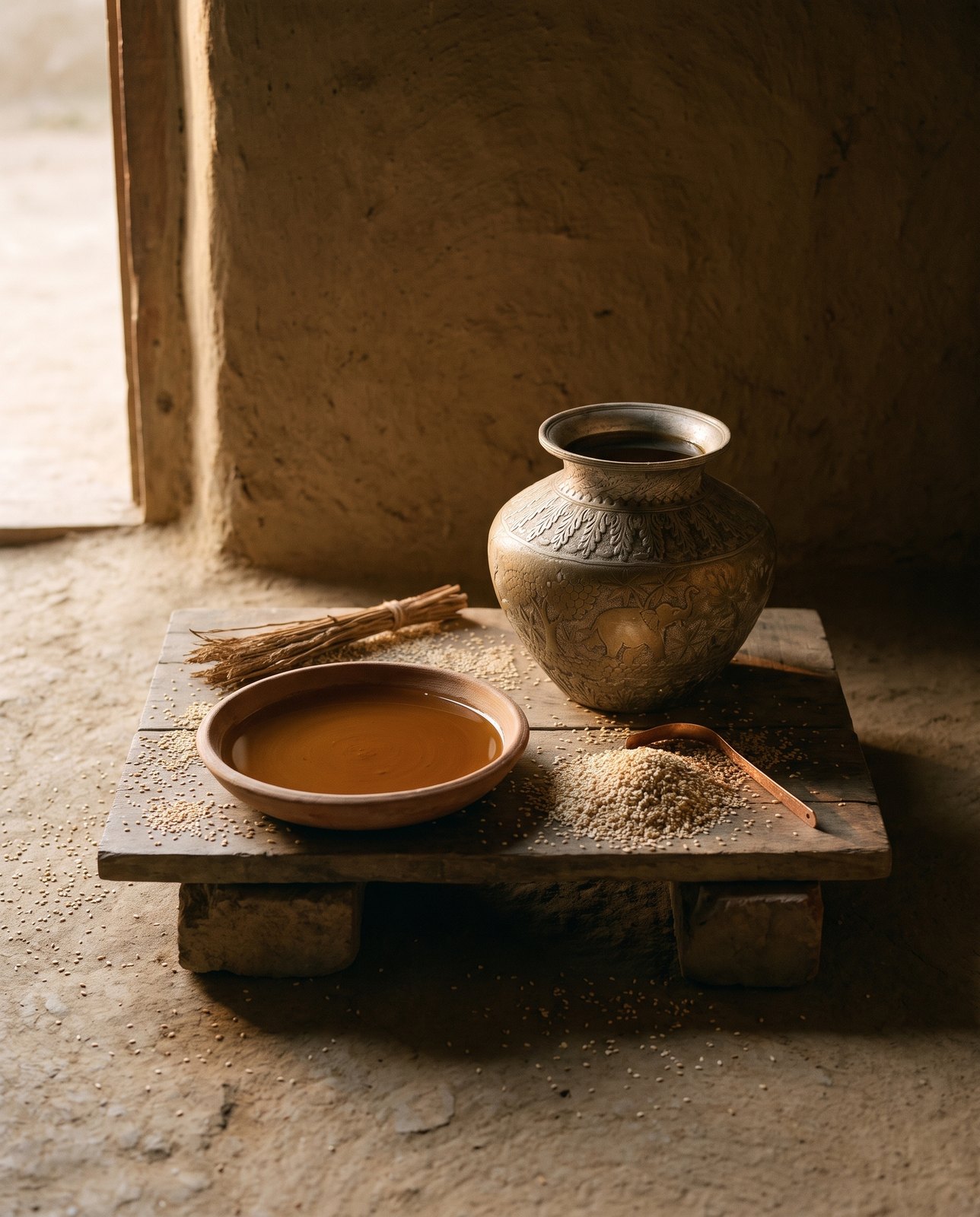A cast metal Indian vessel of thick sesame oil beside a shallow clay dish of the same oil, scattered sesame seeds, a frayed chewing twig and a copper tongue scraper on a low wooden board in warm dawn light