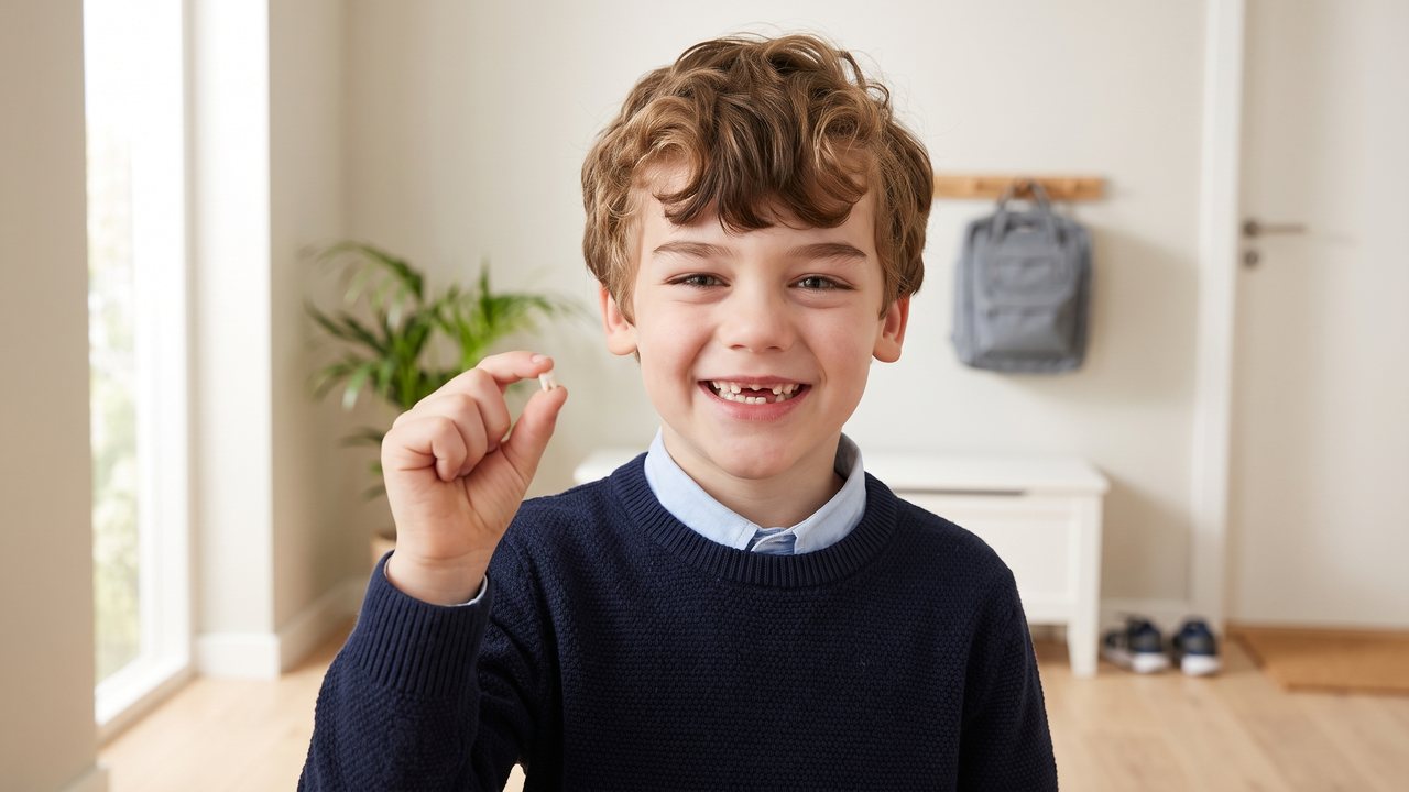 A six year old boy with curly light brown hair, in a navy jumper over a light blue shirt, grins in the bright hallway of his home before school, a fresh gap in his upper front teeth, holding up his first lost baby tooth between finger and thumb.