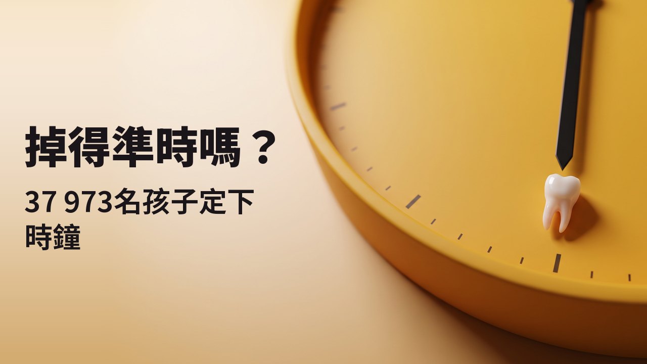掉得準時嗎？ 37 973名孩子定下時鐘 一顆小小的乳牙，放在沒有數字的番紅花黃色鐘面六點鐘位置上。
