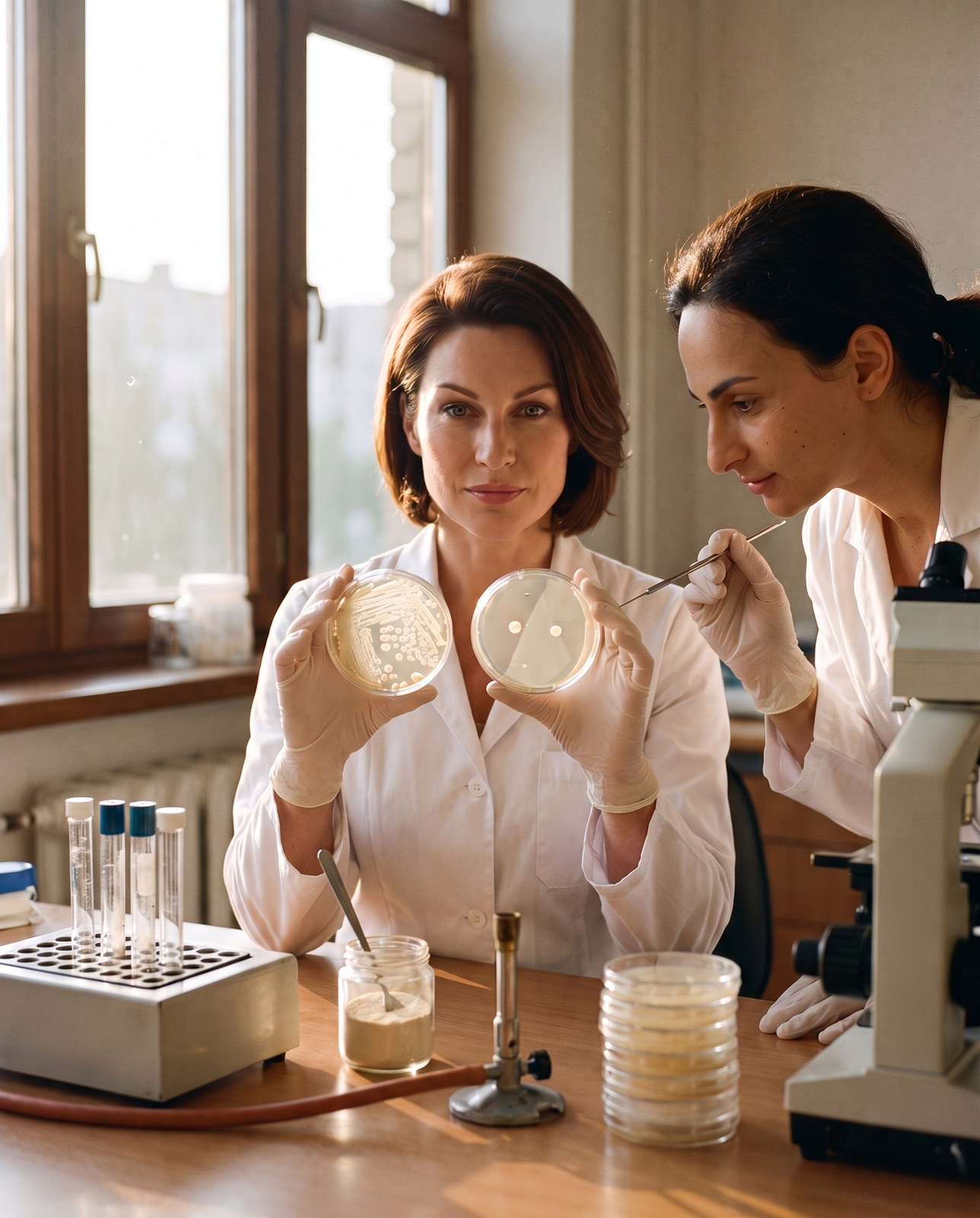 Bacillus coagulans probiotic: a microbiologist holds up two petri dishes, one crowded with colonies and one almost bare, while a technician leans in with a loop