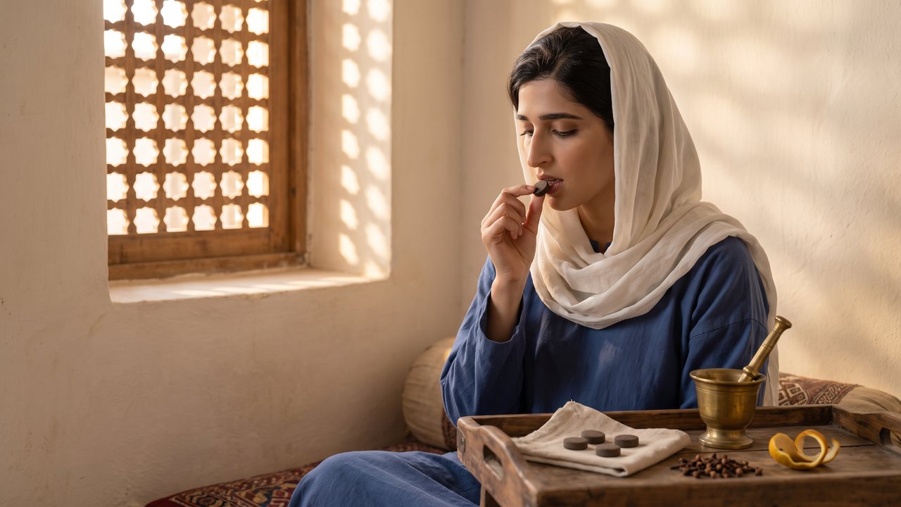 Morning in a tenth century Bukhara house: a woman in an indigo robe and a white linen head covering sits by a carved wooden lattice window and raises a small dark tablet to her lips; on a wooden tray beside her lie more tablets on a cloth, a brass mortar, dried clove buds and a curl of bergamot peel.