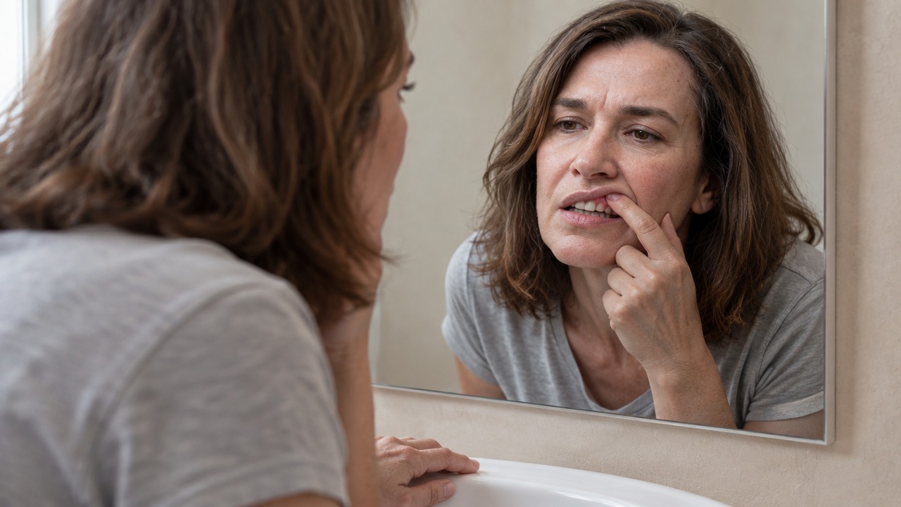 A woman in her late forties leans close to a bathroom mirror in flat morning light, one fingertip lifting her upper lip to look at the line where the gum meets the tooth. Her eyes are on her own reflection, not on the camera.