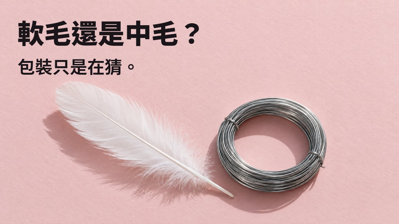 軟毛還是中毛？ 包裝只是在猜。 俯視：淡粉色紙上，一根柔軟的白羽毛旁是一捆繞緊的硬鋼絲。