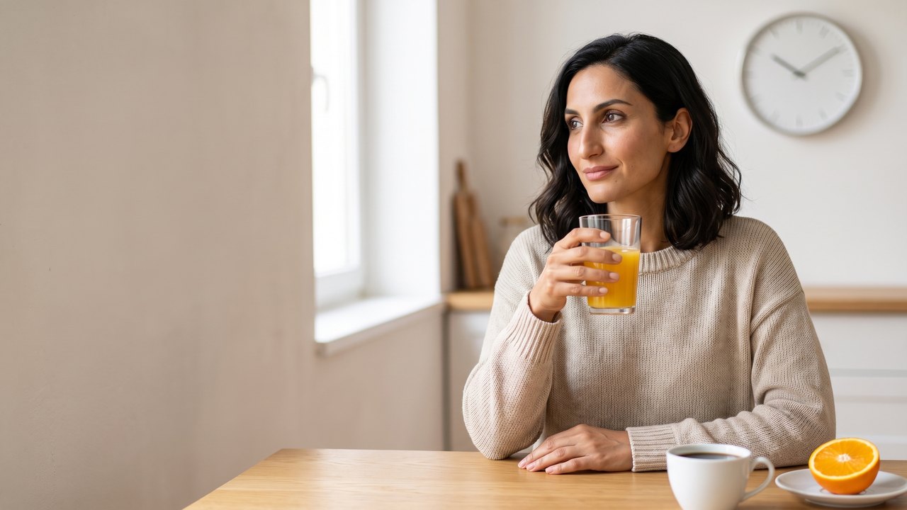 Weekday morning in a bright kitchen: a woman with dark wavy hair in an oatmeal sweater sits at an oak table, raises a glass of orange juice to her lips and looks toward the window; a round wall clock hangs behind her, a cup of coffee and half an orange stand beside her.