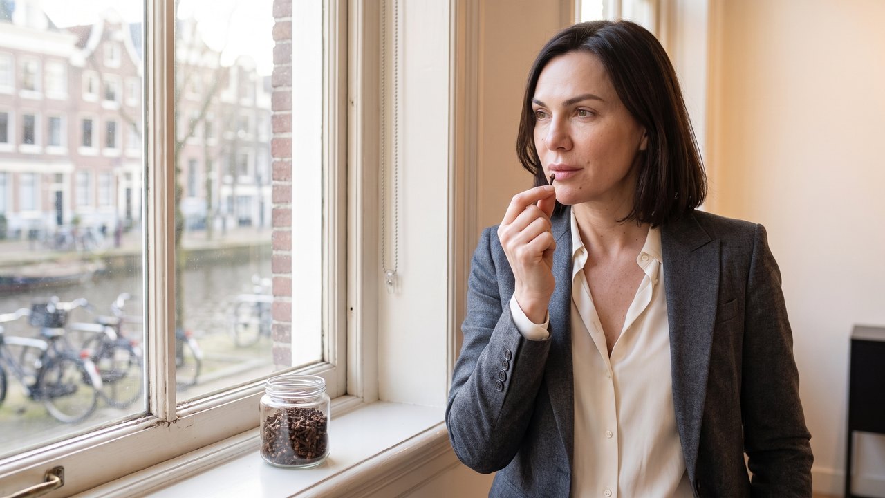 Morning by a canal window in an Amsterdam office: a woman with shoulder length dark hair and a charcoal blazer holds a single whole clove near her lips before a meeting, a small glass jar of cloves on the sill beside her.