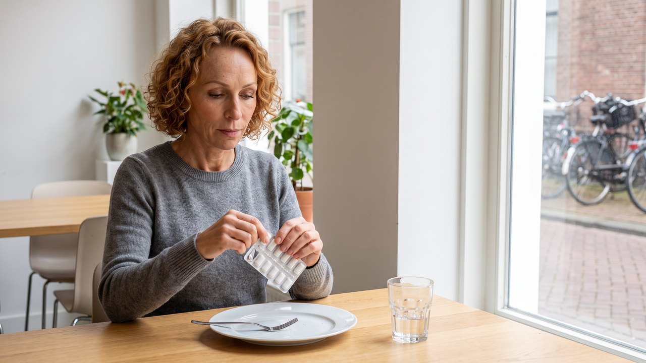 A woman with curly hair sits at a long table in a bright Dutch office canteen after lunch, an empty plate pushed aside, and presses a white pellet of chewing gum out of its blister pack while bicycles stand outside the tall window.