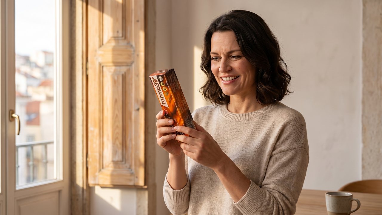 Early evening in a small Lisbon apartment, a tall window with wooden shutters behind her: a woman with dark wavy hair holds a Das Experten TERMO 39° toothpaste box close to her face and reads the small print on its side with one eyebrow raised and a wry smile.