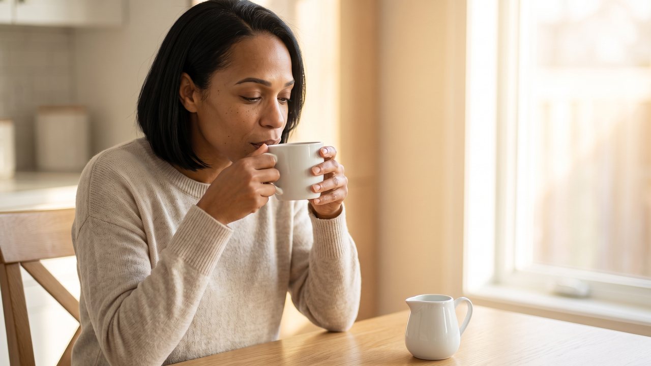 Early morning at a kitchen table by a bright window: a woman with a dark bob holds a white mug of black coffee in both hands and takes a slow sip; a small jug of cream stands beside her on the wooden table.