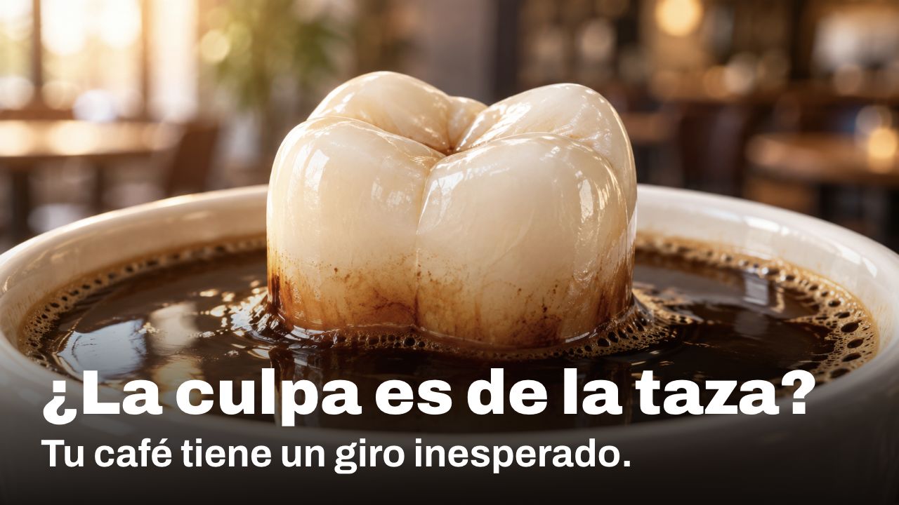 ¿La culpa es de la taza? Tu café tiene un giro inesperado. Ilustración conceptual de la corona de un diente en una taza de café, con manchas marrones donde el café toca el esmalte.