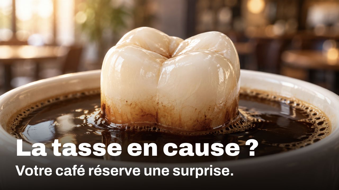 La tasse en cause ? Votre café réserve une surprise. Illustration conceptuelle d’une couronne dentaire dans une tasse de café, avec des taches brunes au contact du café et de l’émail.