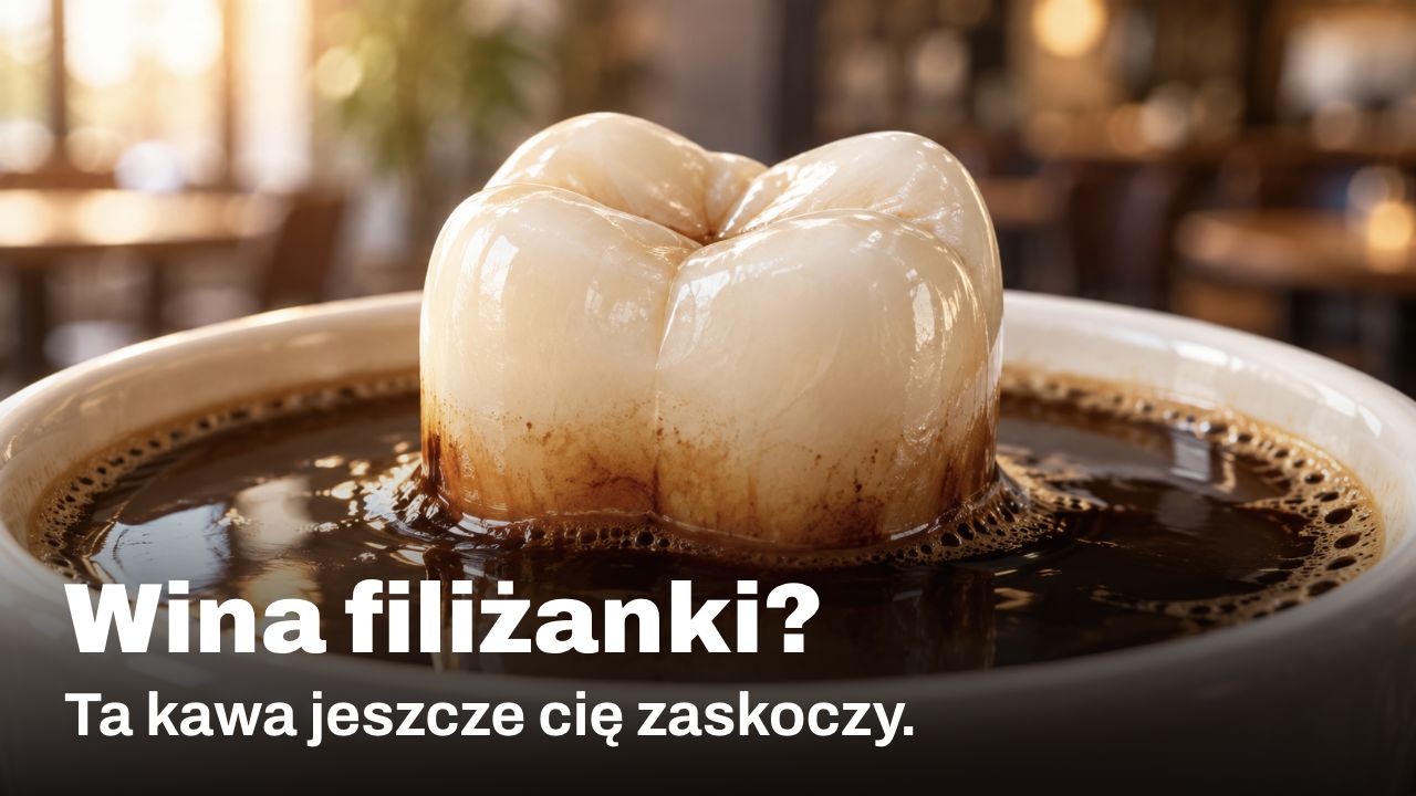 Wina filiżanki? Ta kawa jeszcze cię zaskoczy. Ilustracja koncepcyjna korony zęba w filiżance kawy, z brązowymi przebarwieniami w miejscu kontaktu kawy ze szkliwem.