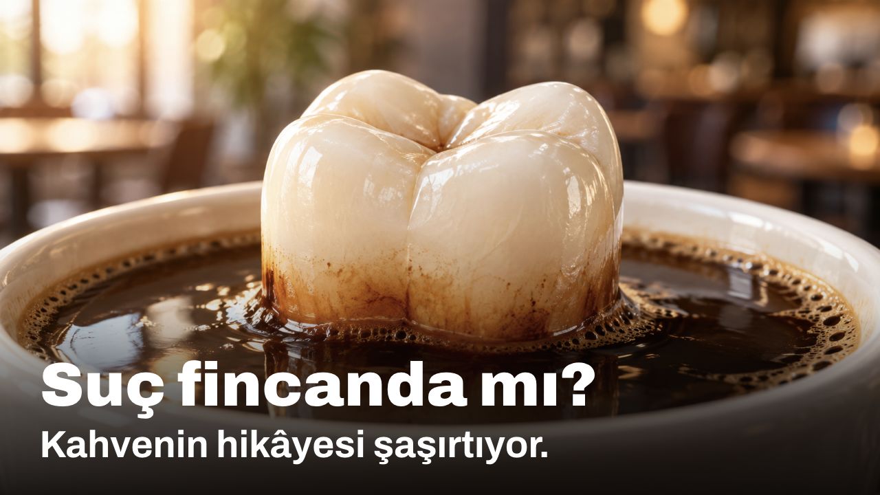 Suç fincanda mı? Kahvenin hikâyesi şaşırtıyor. Bir fincan kahvenin içindeki diş kronunu, kahvenin mineye temas ettiği yerdeki kahverengi lekelerle gösteren kavramsal çizim.