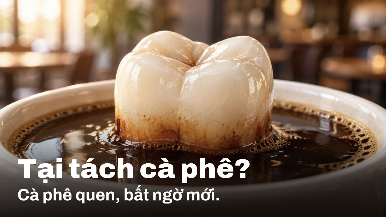 Tại tách cà phê? Cà phê quen, bất ngờ mới. Hình minh họa ý tưởng: thân răng trong tách cà phê, với vết ố nâu ở nơi cà phê tiếp xúc với men răng.