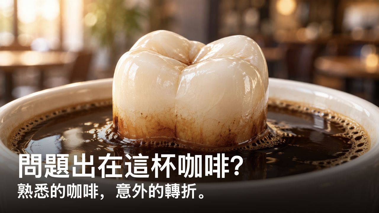 問題出在這杯咖啡？ 熟悉的咖啡，意外的轉折。 概念插圖：牙冠浸在一杯咖啡中，咖啡與琺瑯質接觸的邊緣出現棕色染色。