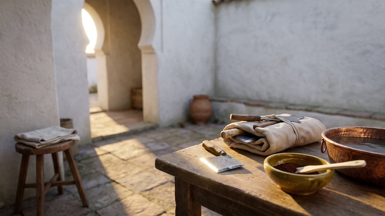 How to remove tartar from teeth: first light in a physician's courtyard in Córdoba around the year 1000, an unrolled linen wrap of hand forged steel scrapers on a low table with one scraper turned edge up to the sun, a small glazed dish of dark tooth powder beside it and the patient's vacated stool under a horseshoe arch