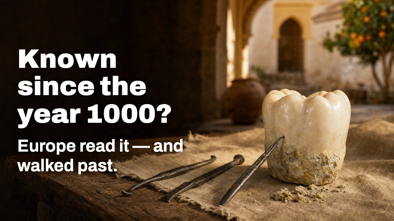Known since the year 1000? Europe read it: and walked past. Conceptual image: a tooth sculpture with a tartar crust beside hand forged scrapers in a Córdoba courtyard.