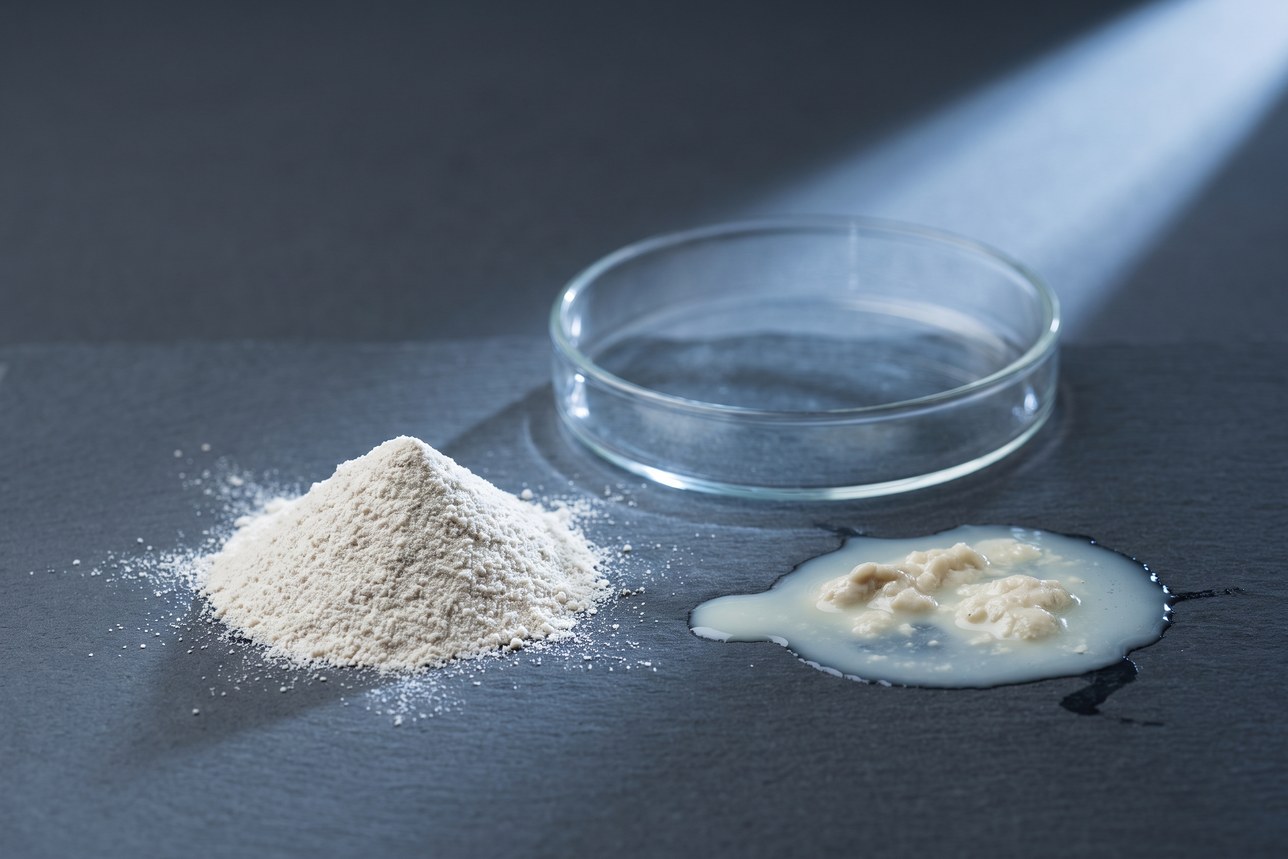 Bacillus coagulans probiotic: dry spore powder intact beside a collapsed fermented culture