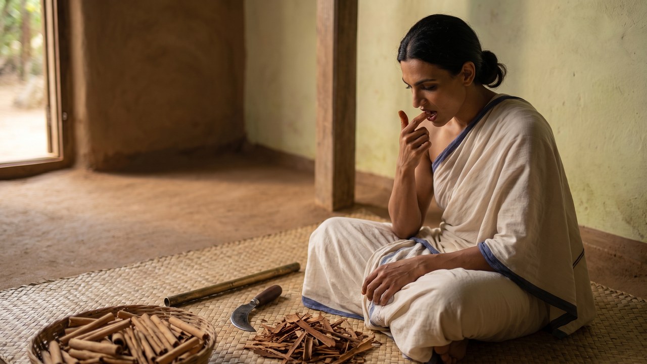 Cinnamon for teeth: a woman on a woven mat in a Ceylon village house presses ground cinnamon bark along her own gum with a fingertip, a basket of freshly rolled cinnamon quills and the curved peeling knife beside her