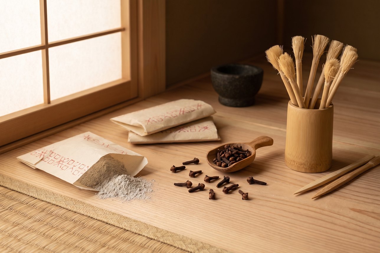 Clove oil for teeth: folded washi paper packets of grey Edo tooth powder, dried clove buds in a wooden scoop and a bundle of frayed willow fusayoji brushes on a cedar shop counter