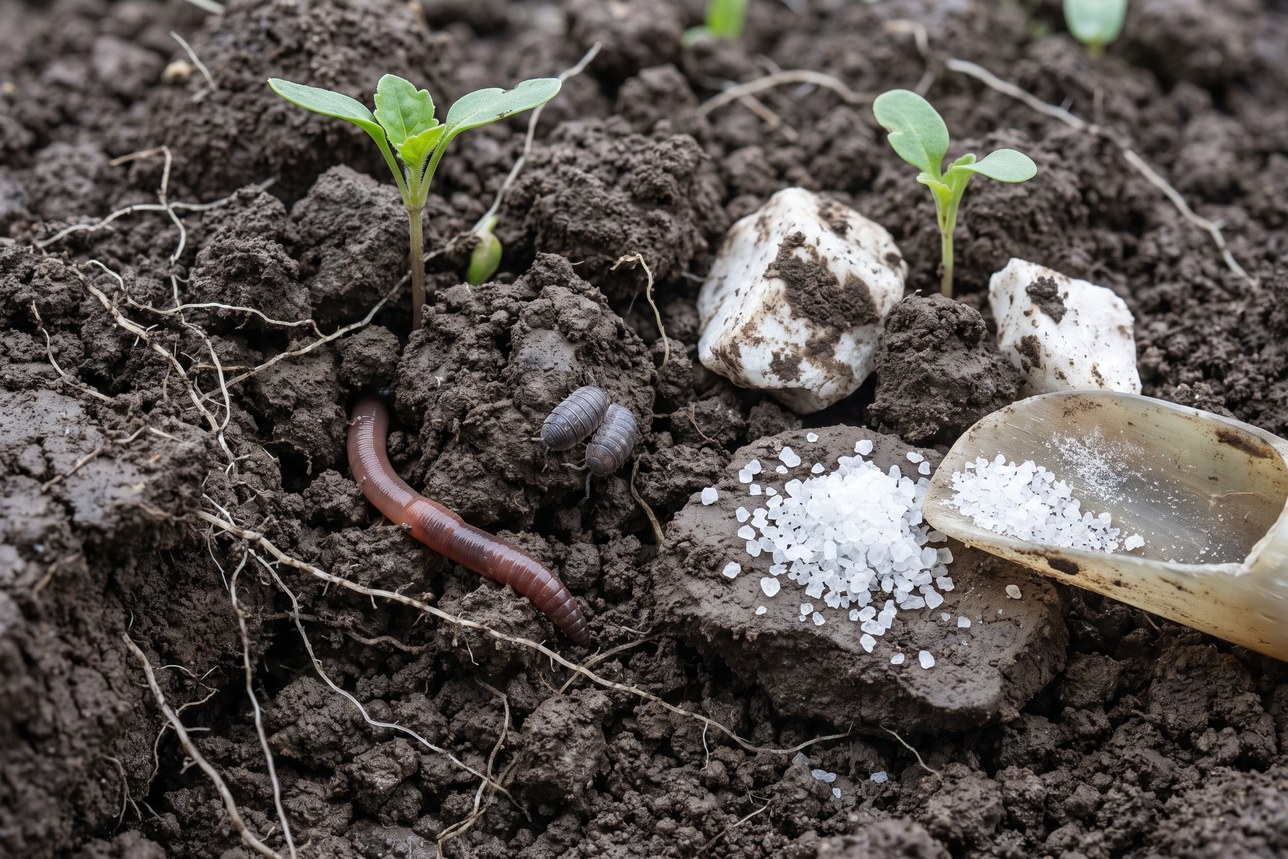 Fluoride free toothpaste minerals: living garden soil with seedlings, roots and chalk white minerals