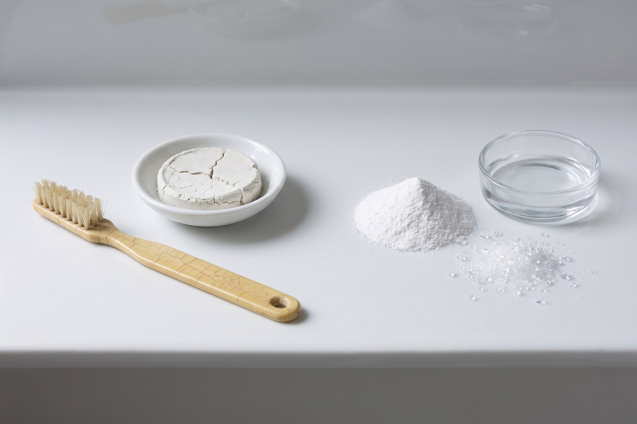 The future of oral health: a 1920s bristle toothbrush and cracked tooth powder beside modern powders