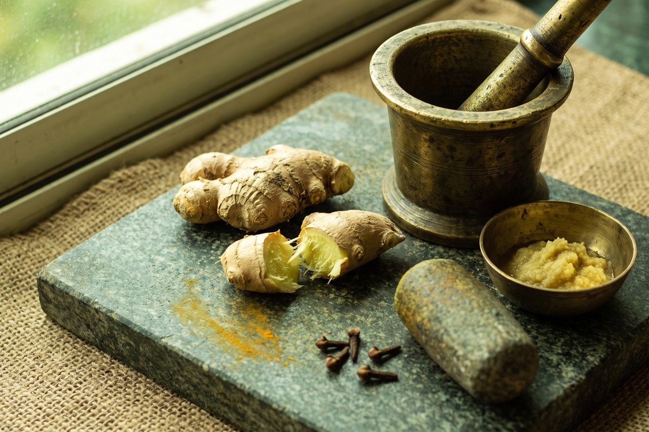 Ginger for teeth and gums: fresh ginger root snapped open beside a worn brass mortar and pestle