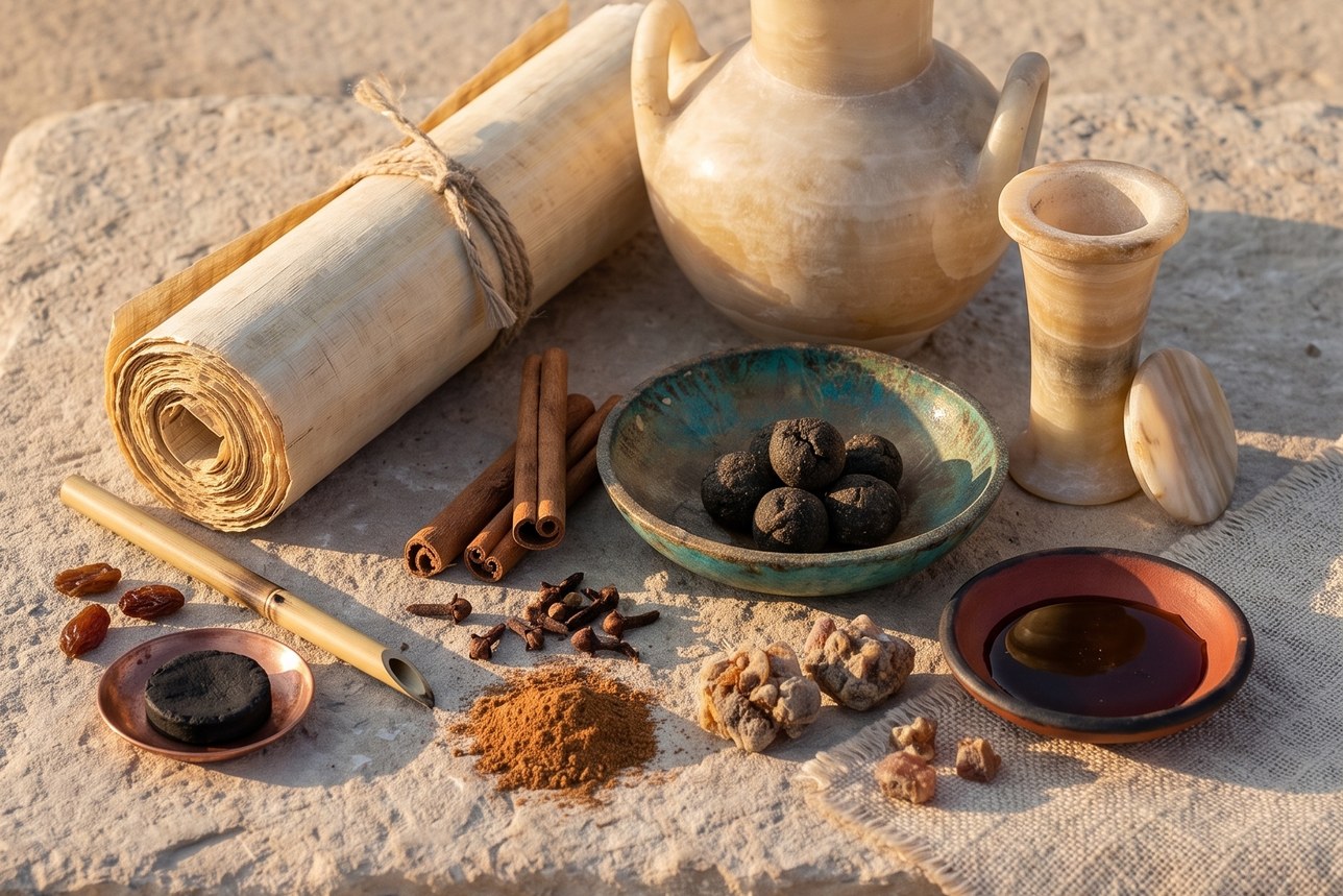 Natural remedy for bad breath: cinnamon bark, cloves, honey and blank papyrus on limestone