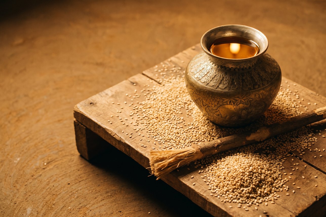 Oil pulling for teeth: a cast metal Indian vessel brimming with thick sesame oil, sesame seeds scattered across a low wooden board and a frayed chewing twig, in warm low light