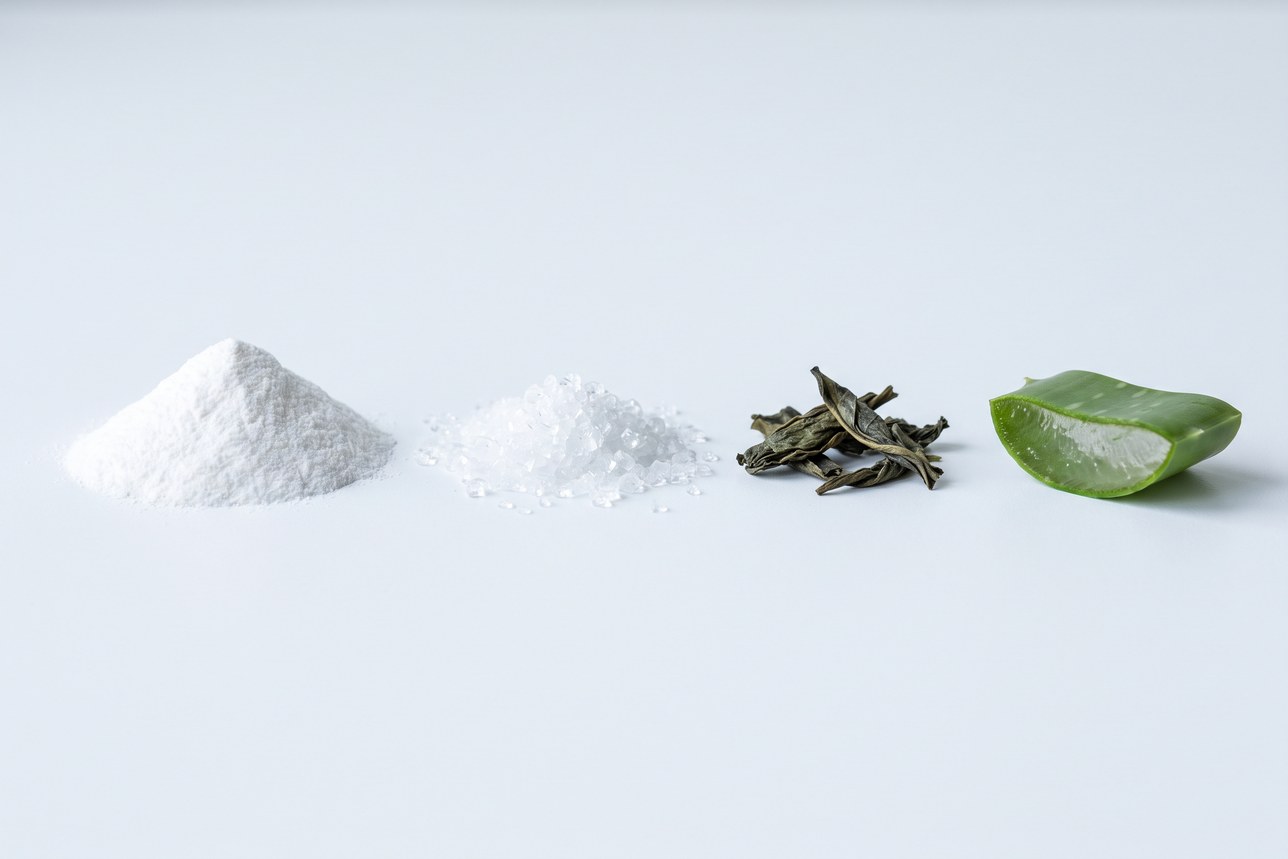 Premium oral care ingredients: hydroxyapatite, xylitol crystals, green tea leaf and cut aloe