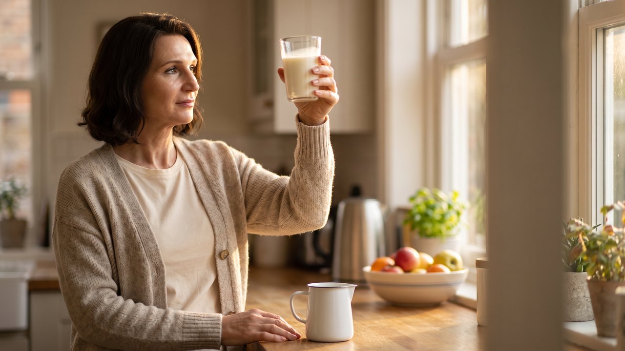 Early morning in a home kitchen: a woman with shoulder length dark hair, in an oatmeal knit cardigan over a cream top, holds a glass of milk up to the window light and studies it closely; her other hand rests on a wooden counter beside a white enamel jug, with a kettle, a bowl of fruit and plants softly blurred behind her.