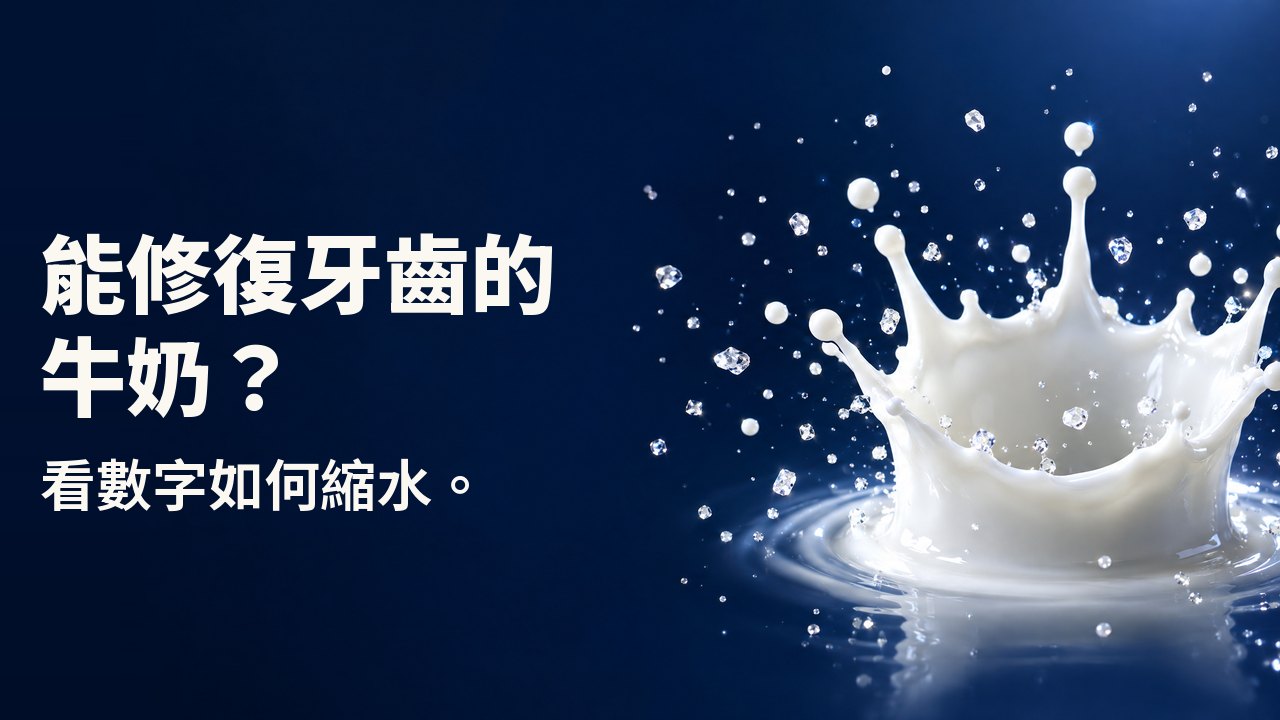 能修復牙齒的牛奶？ 看數字如何縮水。 一滴牛奶濺起的皇冠凝結在半空，周圍閃著細小晶體，背景是深海軍藍。