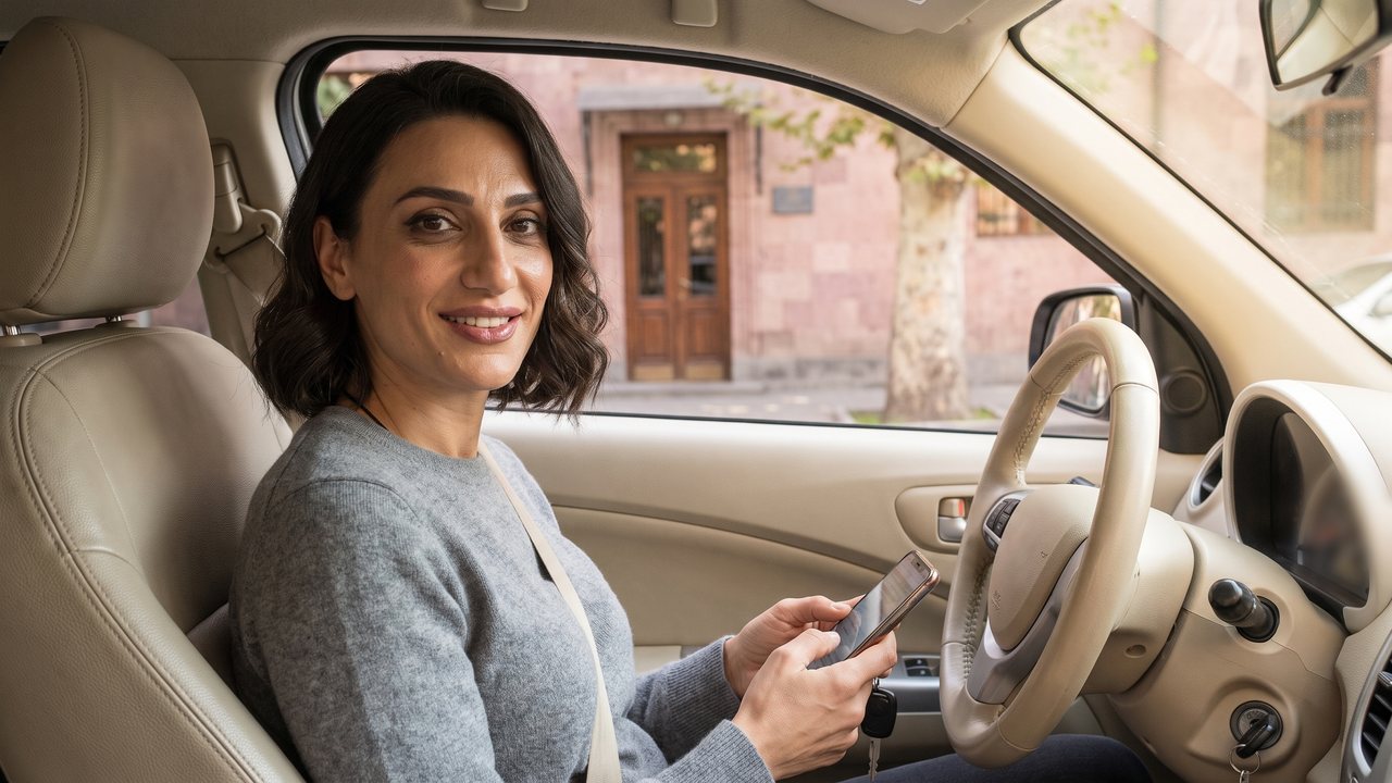Late morning in Yerevan: a woman with dark wavy hair sits in her parked car outside a dental clinic, her phone and car key in her hands, and gives a small smile before she goes in; behind the window stands a pink tuff stone building with a wooden door.
