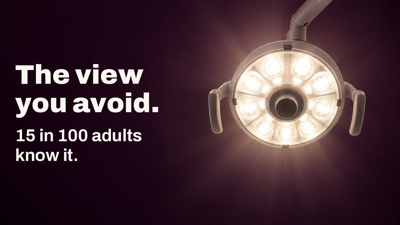 The view you avoid. 15 in 100 adults know it. The view from a dental chair, looking straight up: a round dental lamp glows warm white against a deep aubergine ceiling.