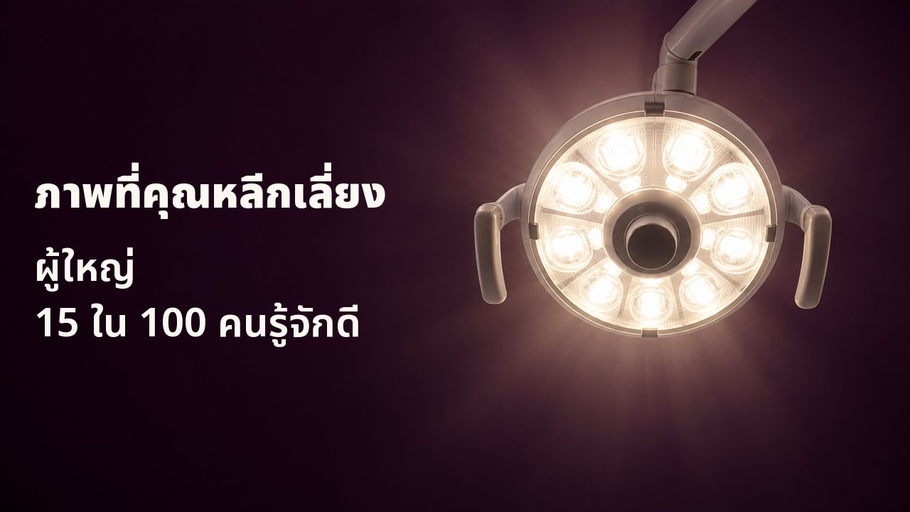 ภาพที่คุณหลีกเลี่ยง ผู้ใหญ่ 15 ใน 100 คนรู้จักดี ภาพมองจากเก้าอี้ทำฟันขึ้นไปตรง ๆ: โคมไฟทันตกรรมทรงกลมเปล่งแสงขาวอบอุ่นตัดกับเพดานสีม่วงมะเขือเข้ม