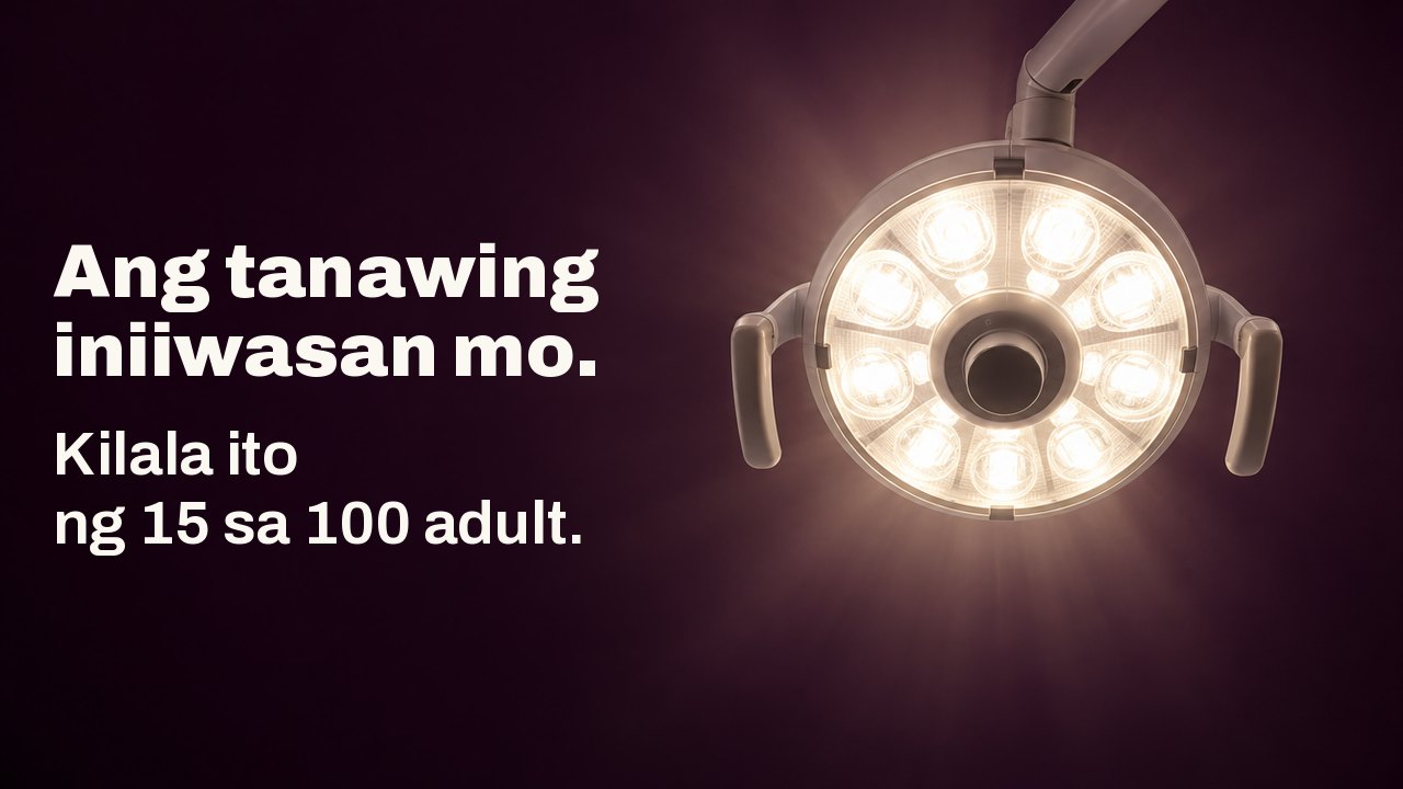 Ang tanawing iniiwasan mo. Kilala ito ng 15 sa 100 adult. Ang tanaw mula sa dental chair, diretso pataas: isang bilog na dental lamp na kumikinang sa mainit na puti laban sa malalim na kulay talong na kisame.