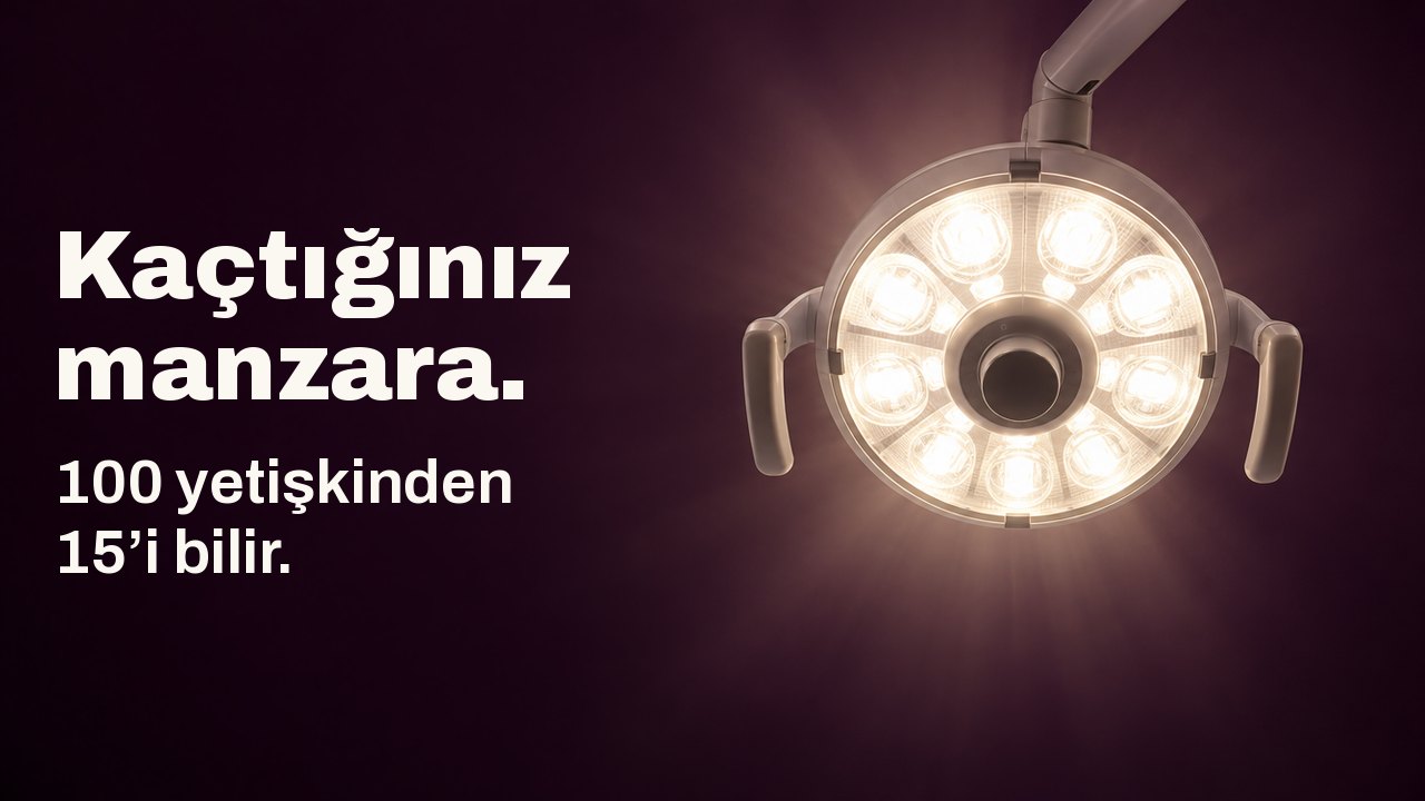 Kaçtığınız manzara. 100 yetişkinden 15’i bilir. Diş koltuğundan dosdoğru yukarı bakış: yuvarlak bir diş lambası, koyu patlıcan moru bir tavana karşı sıcak beyaz ışıkla parlıyor.