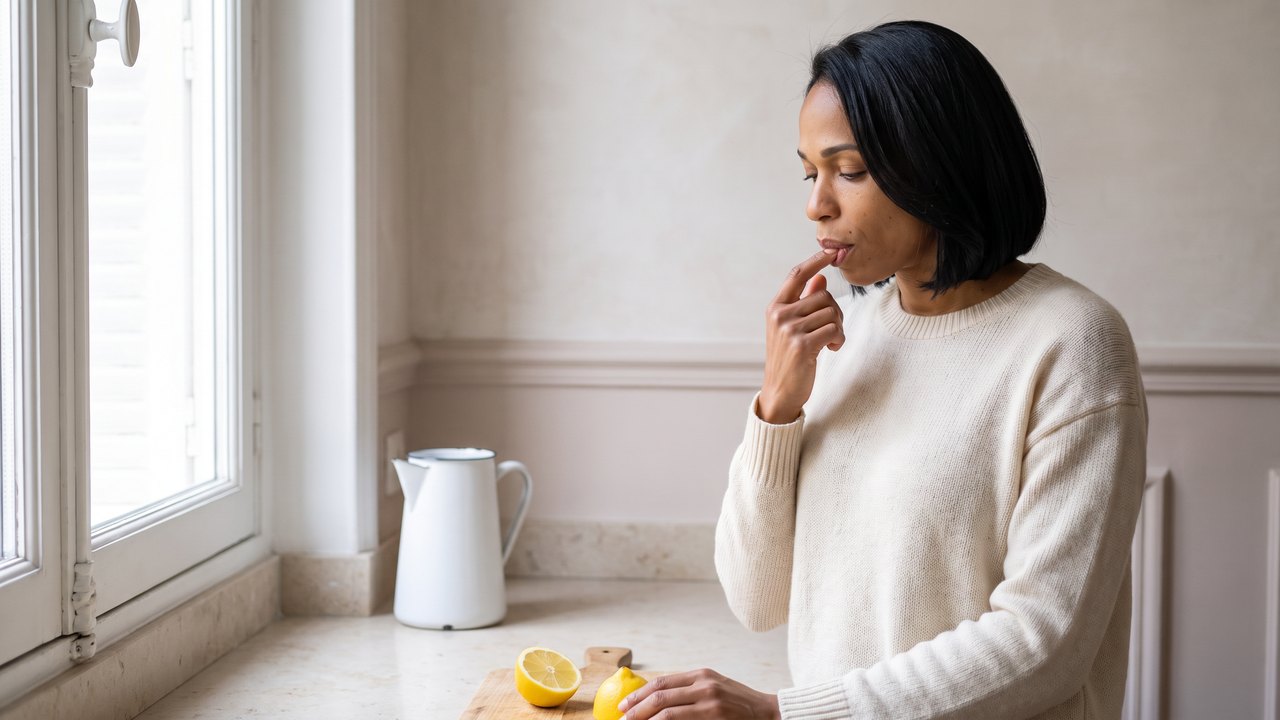 Morning in a Paris apartment kitchen: a woman with a dark bob and a cream knit sweater has just nicked her fingertip while slicing a lemon and lifts the finger to her lips by reflex, the paring knife and lemon halves on a wooden board in front of her.