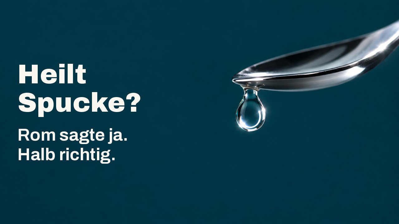 Heilt Spucke? Rom sagte ja. Halb richtig. Ein einzelner klarer Tropfen hängt an der Spitze eines polierten Silberlöffels über einem tiefen Petrolgrund, im Tropfen ein heller Lichtring.