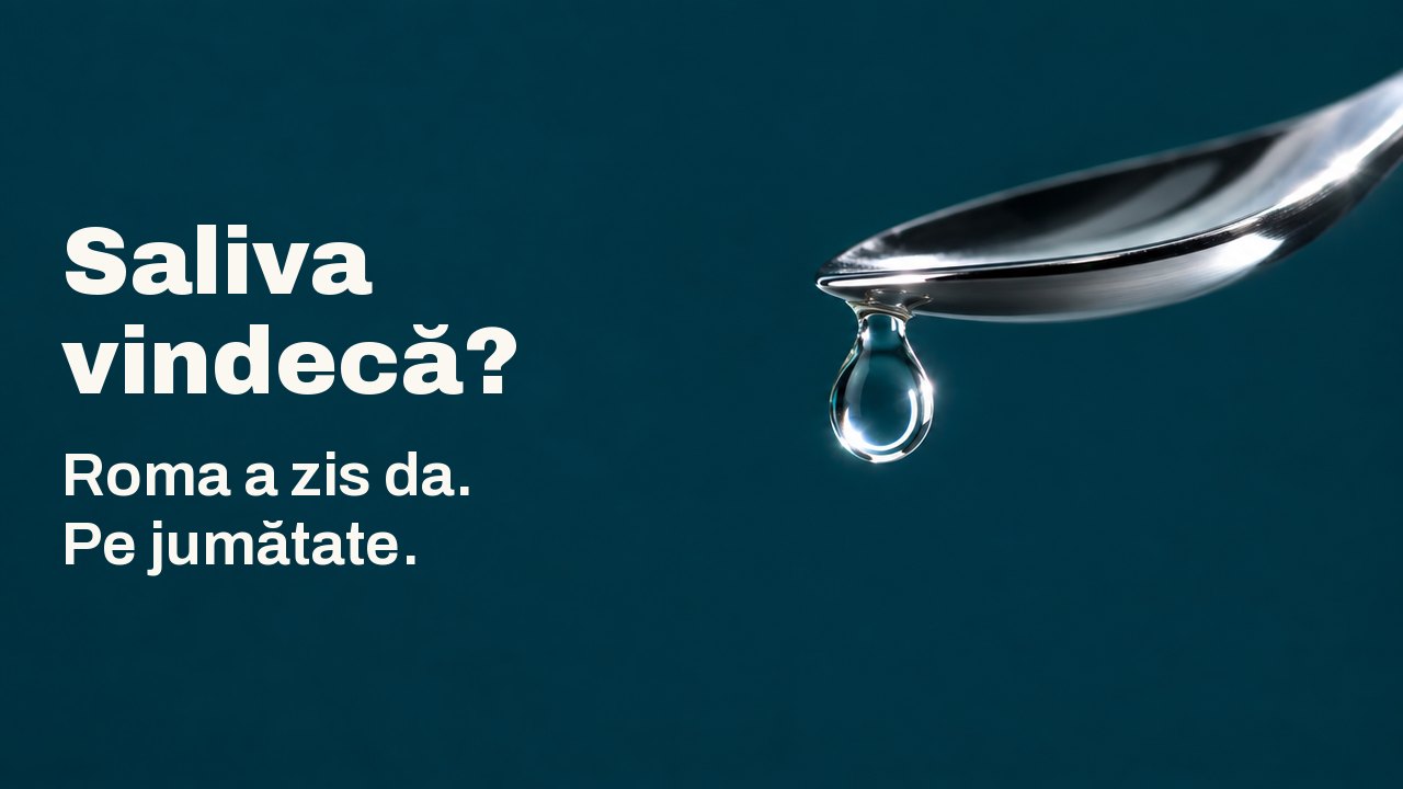 Saliva vindecă? Roma a zis da. Pe jumătate. O singură picătură limpede atârnă de vârful unei linguri de argint lustruit deasupra unui fond adânc verde albăstrui, cu un inel de lumină strălucitoare prins în picătură.