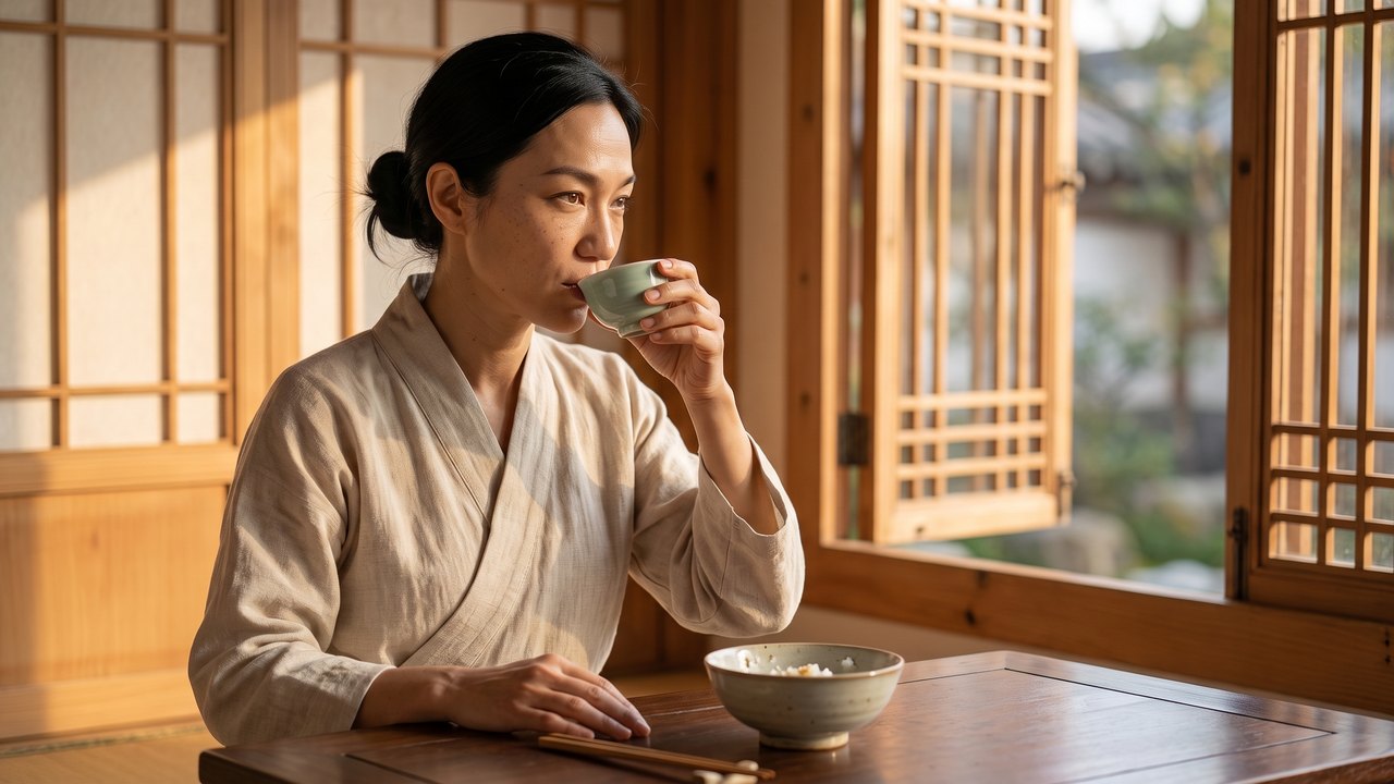 Morning in a Tang era house: a black haired woman in a plain undyed linen robe sits at a low wooden table by an open lattice window and lifts a small celadon cup of water to her lips to rinse after the meal; a rice bowl and chopsticks are pushed aside.