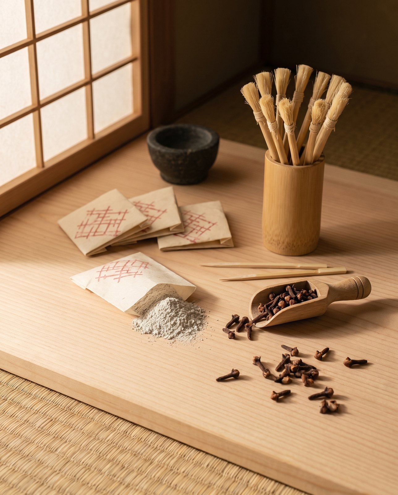 Clove oil for teeth: folded washi paper packets of grey Edo tooth powder, dried clove buds in a wooden scoop and a bundle of frayed willow fusayoji brushes on a cedar shop counter