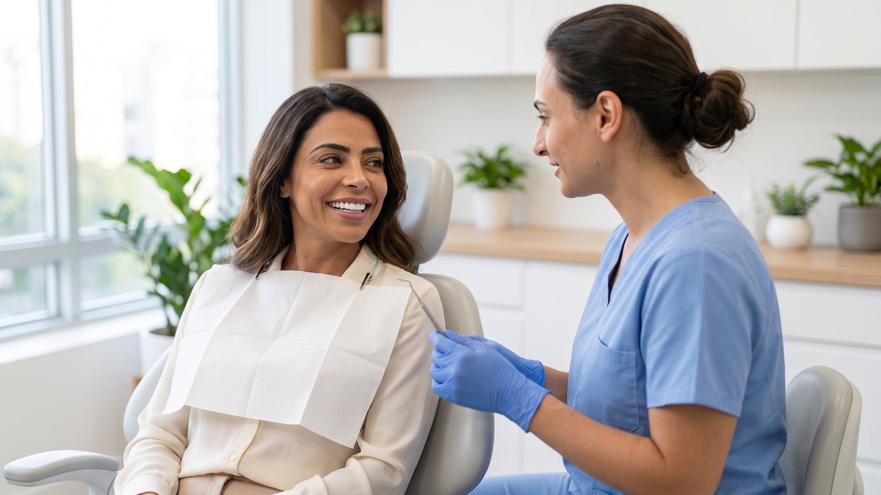In a bright dental hygiene room in São Paulo, a smiling patient in a cream blouse and paper bib sits up in the dental chair while a hygienist in light blue scrubs and blue gloves, holding a slim periodontal probe, tells her the result of the check up.