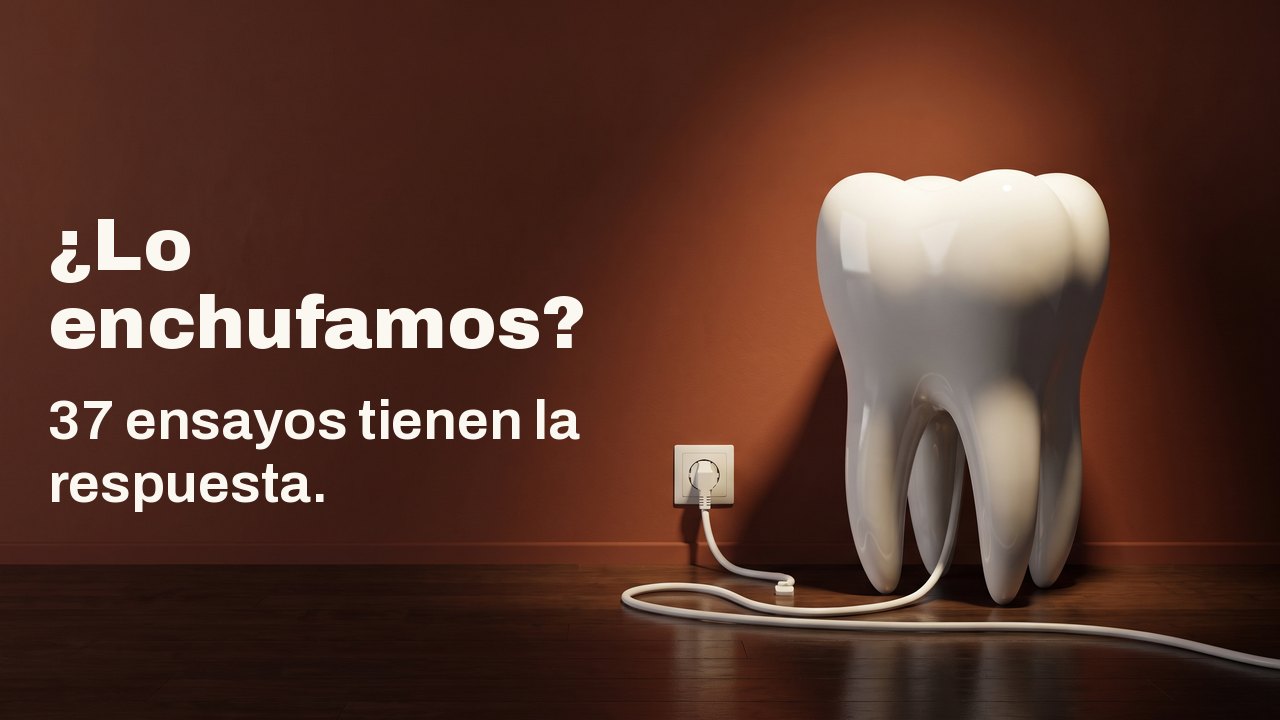 ¿Lo enchufamos? 37 ensayos tienen la respuesta. Un modelo de diente de porcelana blanca sobre un suelo de madera frente a una pared terracota, con su cable blanco enchufado a la toma de la pared.