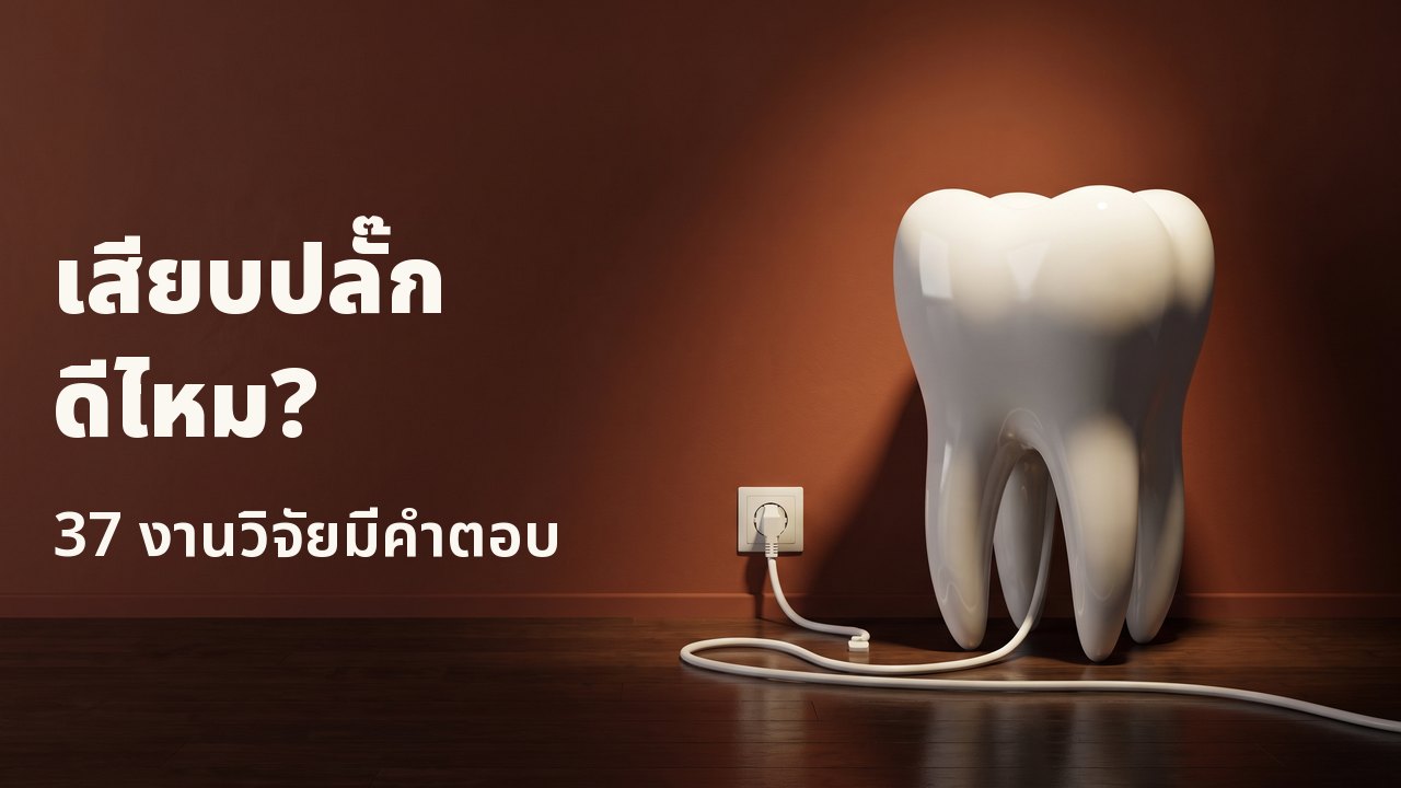 เสียบปลั๊กดีไหม? 37 งานวิจัยมีคำตอบ แบบจำลองฟันพอร์ซเลนสีขาววางบนพื้นไม้หน้าผนังสีดินเผา สายไฟสีขาวของมันเสียบอยู่กับเต้ารับบนผนัง