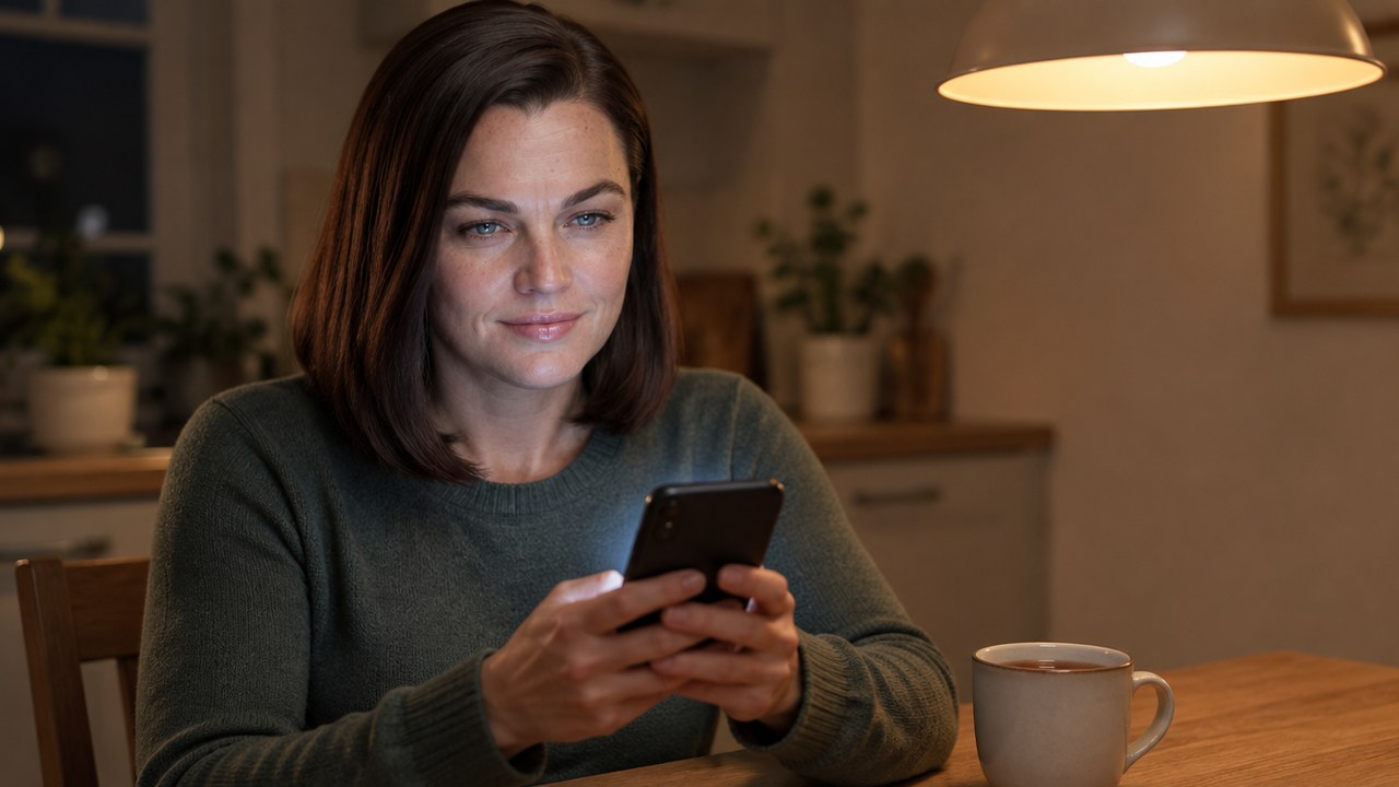 A woman in her late thirties stands at a bathroom basin late in the evening, her face lit from below by the phone she is reading, in the moment of being handed permission to stop