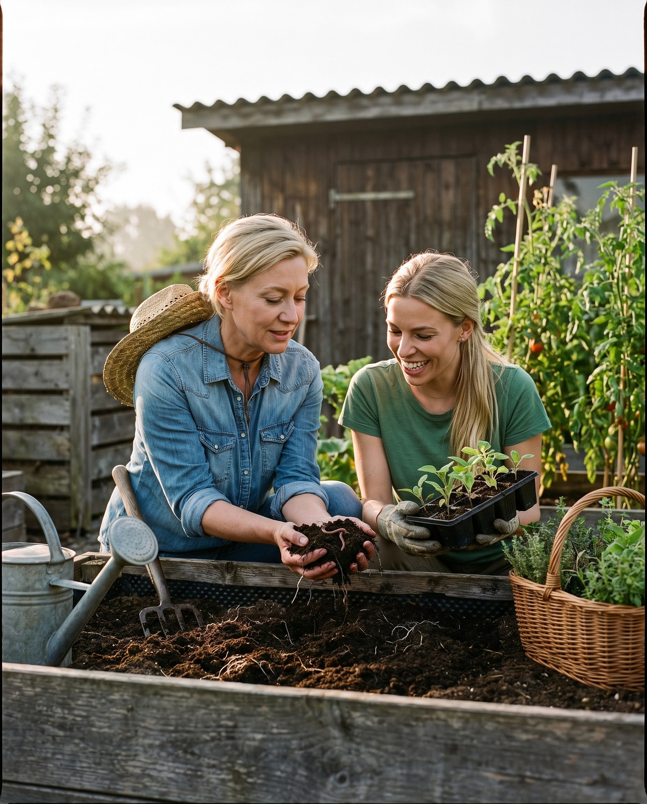 Fluoride free toothpaste minerals: two women at a raised garden bed lift a handful of living compost soil with roots and an earthworm beside a tray of seedlings
