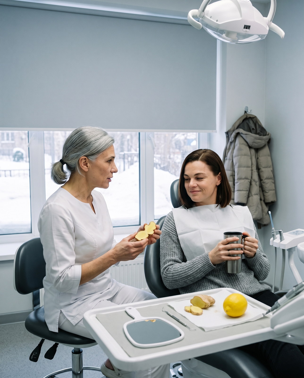 Ginger for teeth and gums: a dentist holds a cut ginger root while her patient in the chair listens with a thermos of ginger tea, snow outside the window