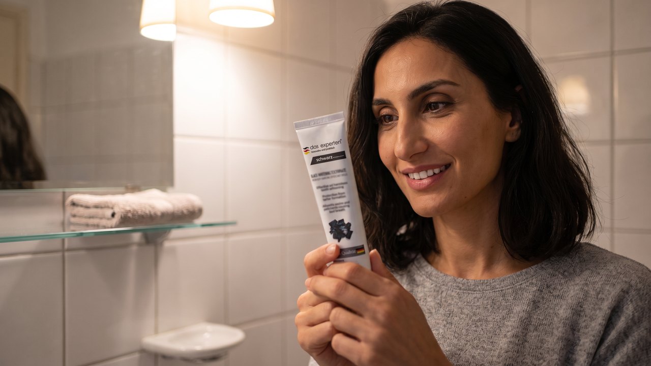 Evening in a small Athens bathroom with white tiles and a warm lamp over the mirror: a woman with dark hair holds a black Das Experten SCHWARZ toothpaste tube at arm’s length and reads the back of it with a small curious smile.
