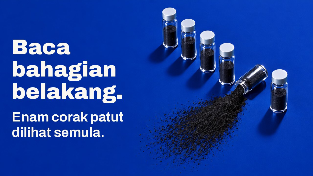 Baca bahagian belakang. Enam corak patut dilihat semula. Dilihat dari atas di permukaan biru kobalt yang pekat: enam botol kaca kecil berdiri dalam satu barisan, dan satu telah tumbang, menumpahkan serbuk arang hitam berbentuk kipas.